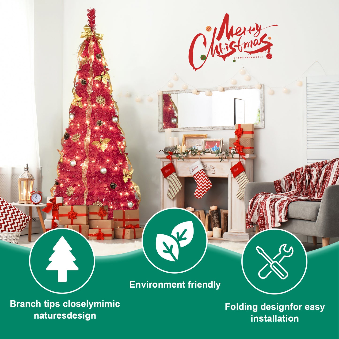 Bringstar 6ft Pop Up Christmas Tree Pre Decorated, Red Artificial Trees
