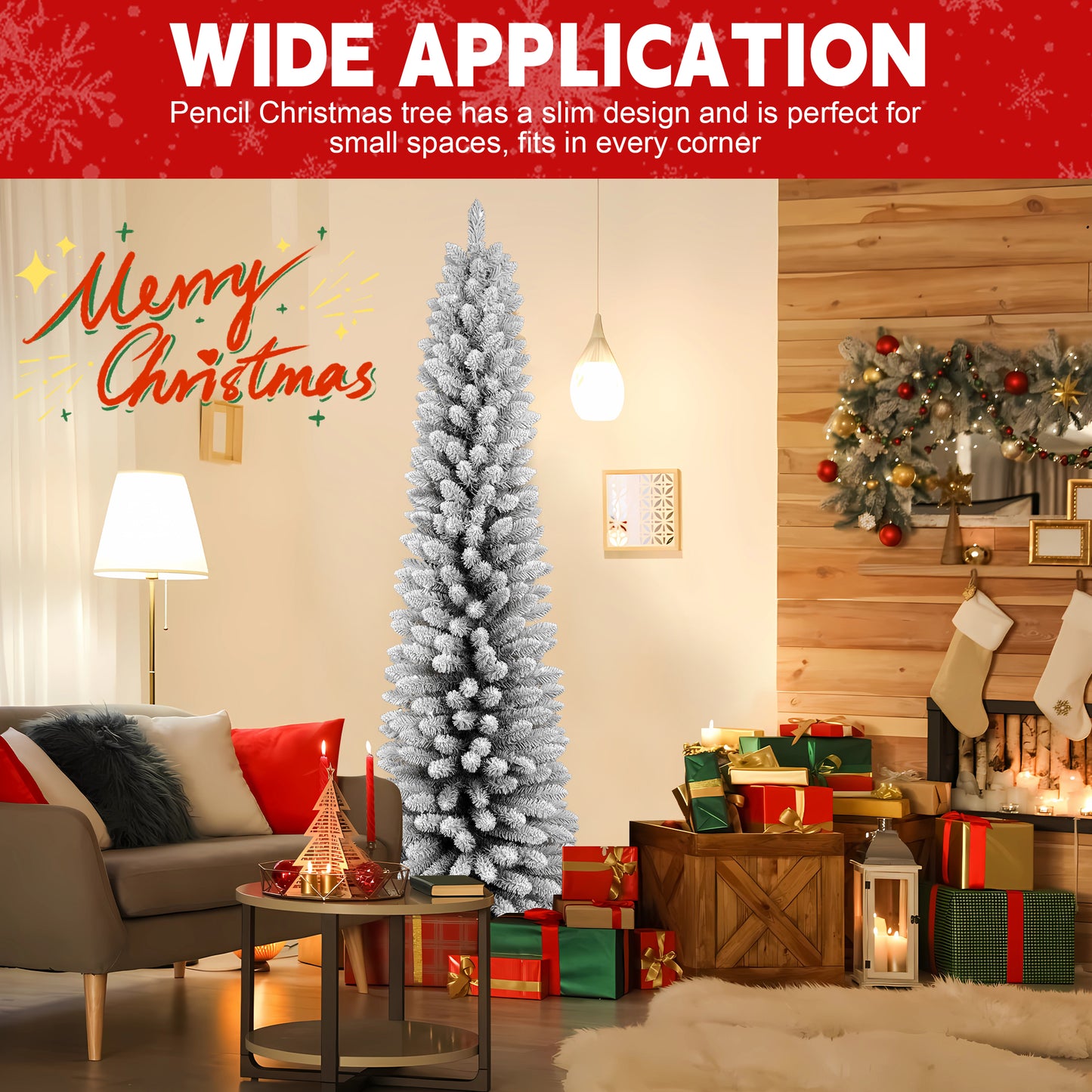 Bringstar  Pencil Christmas Tree Flocked, Unlit Artificial Slim Xmas Trees