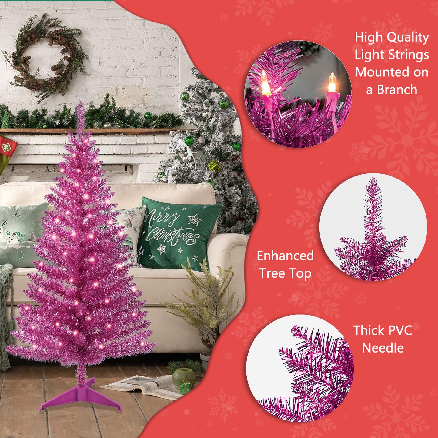 Bringstar 4FT Pink Small Mini Christmas Tree with Lights, Artificial Xmas Tree for Indoor & Outdoor