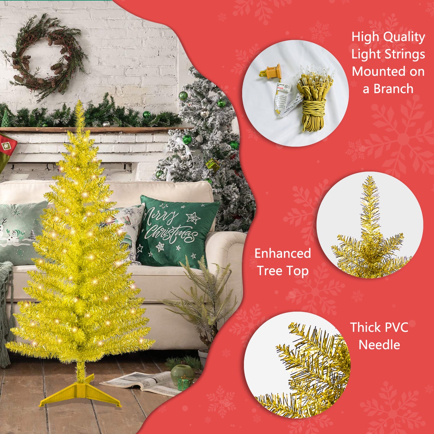 Small Gold Christmas Tree 4FT with UL-listed Lights, Bringstar Artificial Mini Xmas Tree for Bars, Parties