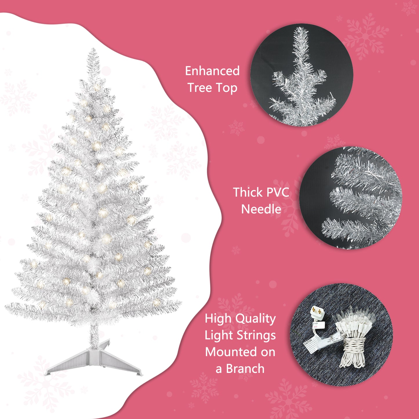 Bringstar 4FT Silver Small Christmas Tree with UL-listed Lights, Artificial Mini Xmas Tree for Holiday