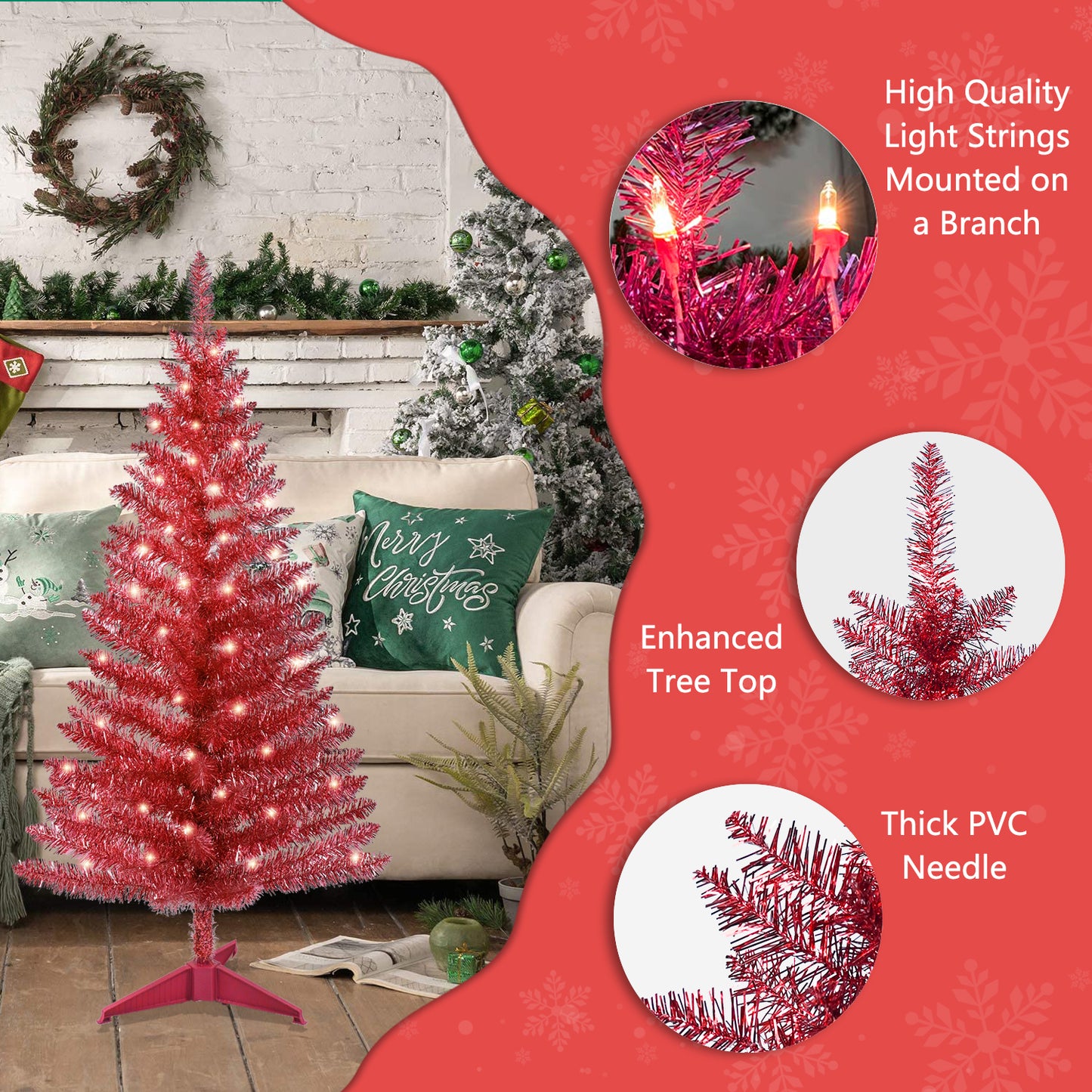 Bringstar 4FT Artificial Mini Red Christmas Tree with Lights, Lighted Christmas Tree with 50 Warm White Lights, Small Xmas Tree for Christmas Halloween House Decor, Red Tinsel