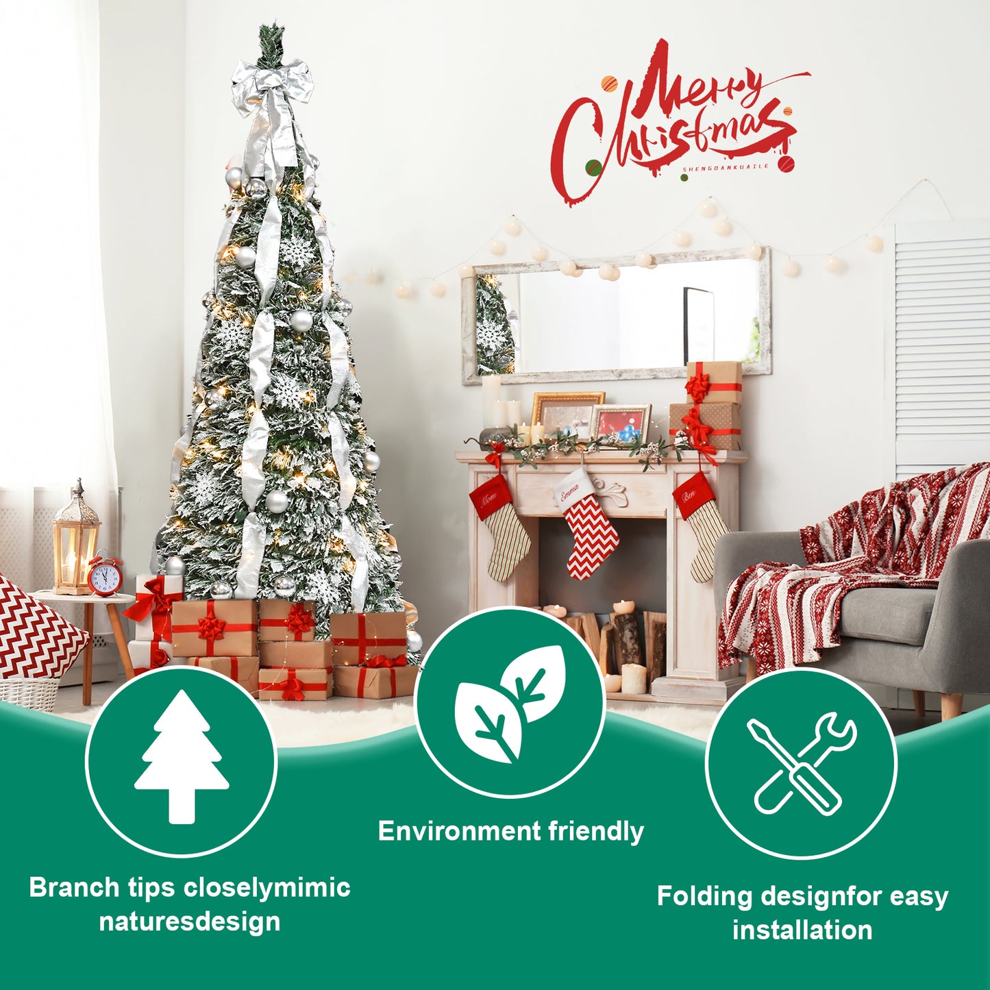 Bringstar Pop-up Christmas Tree Pre Decorated, silver flocking christmas tree 6/7FT