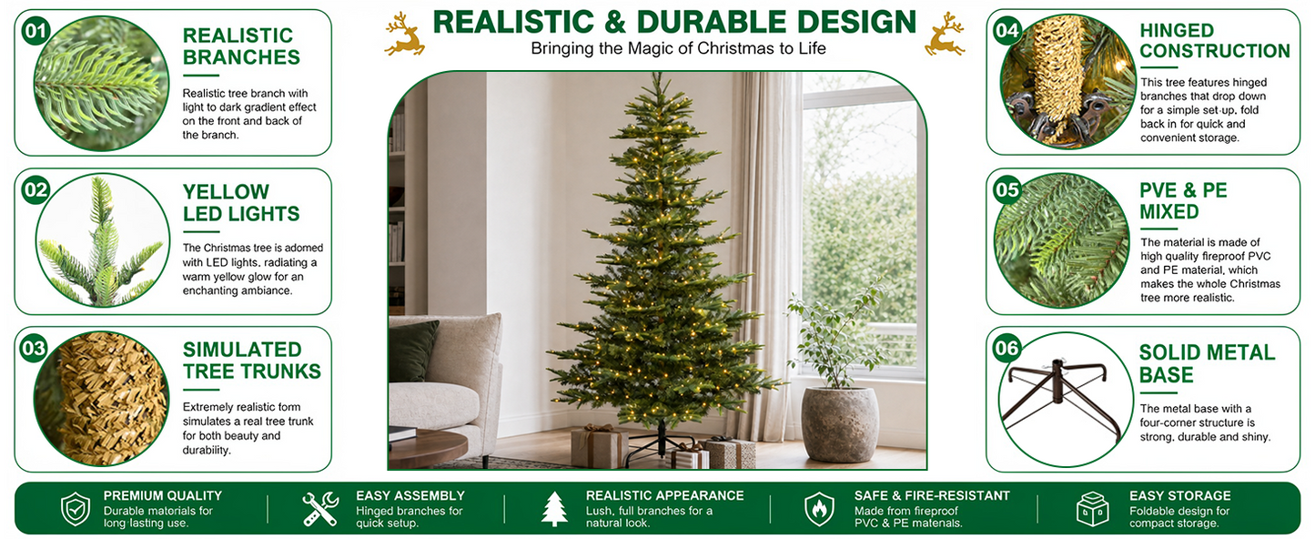 Bringstar 6Ft Prelit Christmas Tree, Premium Artificial Tree with 814 Realistic PE&PVC Mixed Tips, 400 Warm Lights