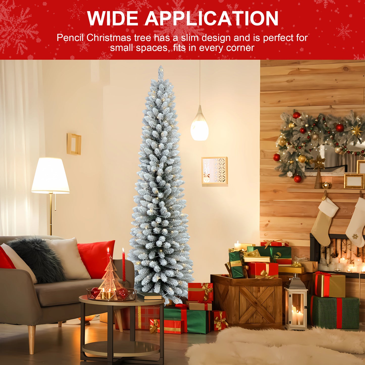 Bringstar Pre-Lit Flocked Slim Christmas Tree, Artificial Pencil Trees,LED Warm White Lights