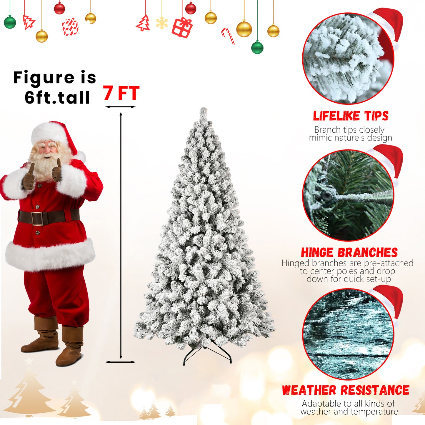 Bringstar 5ft/6ft/7ft/8ft/9ft  Pre-Lit Flocked Christmas Tree, Hinged Artificial Xmas Trees/Premium PVC Branches, 200 Lights