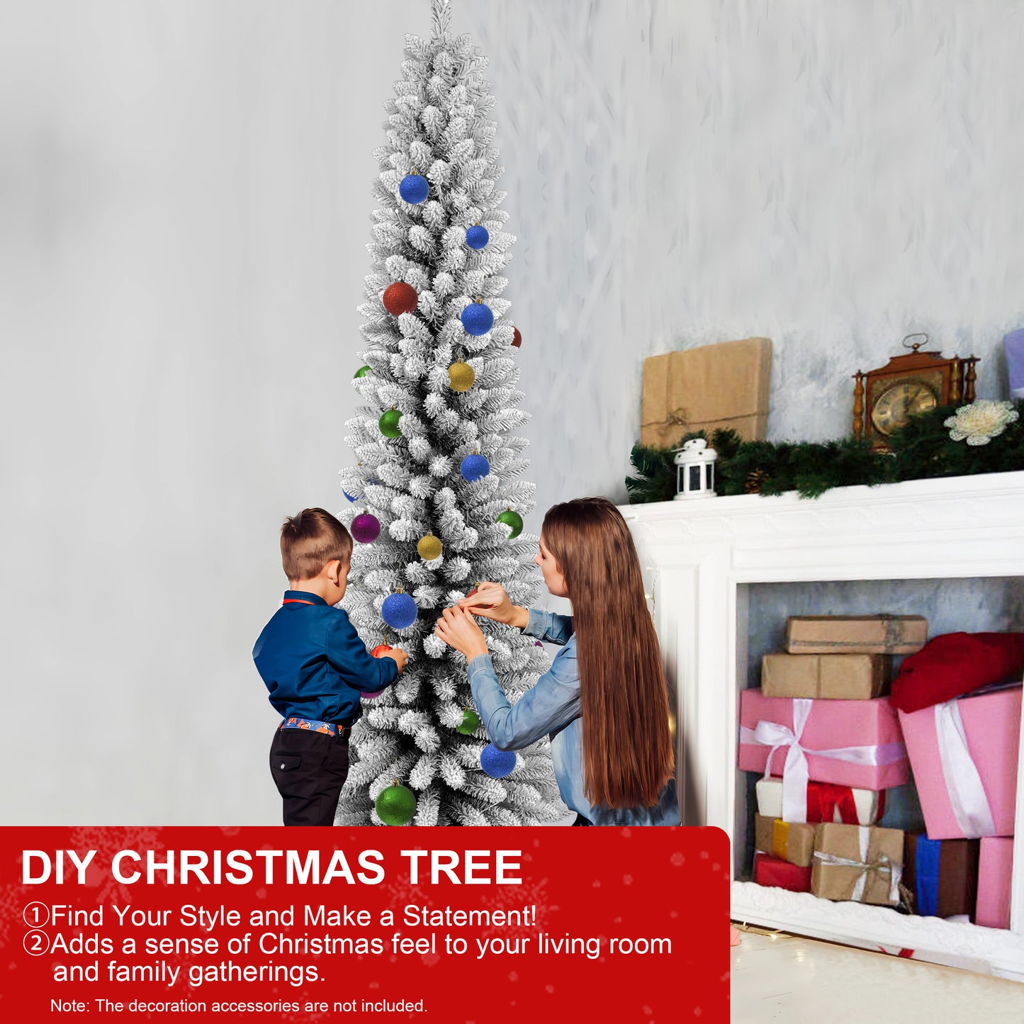 Bringstar  Pencil Christmas Tree Flocked, Unlit Artificial Slim Xmas Trees