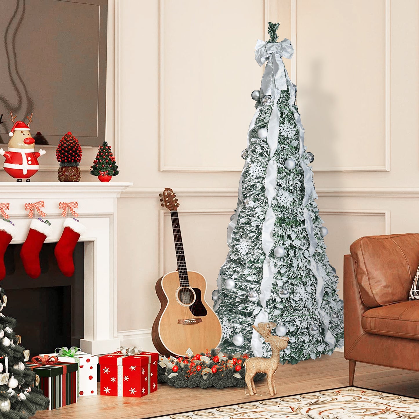Bringstar Pop-up Christmas Tree Pre Decorated, silver flocking christmas tree 6/7FT