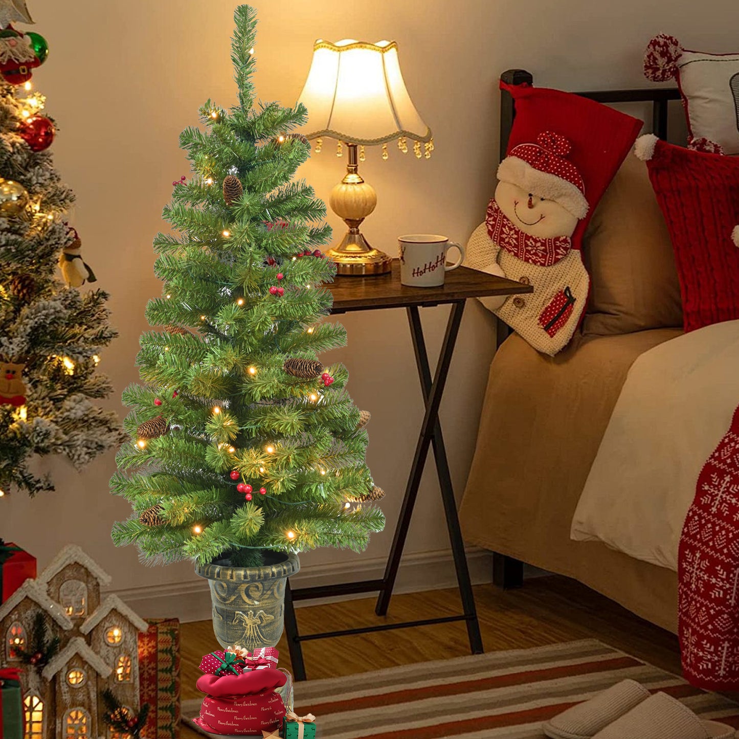 4FT Pre-lit Artificial Potted Christmas Tree with 50 LED Lights, Mini Xmas Tree with 140 Tips, Pine Cones & Red Berries, Battery Operated for Indoor