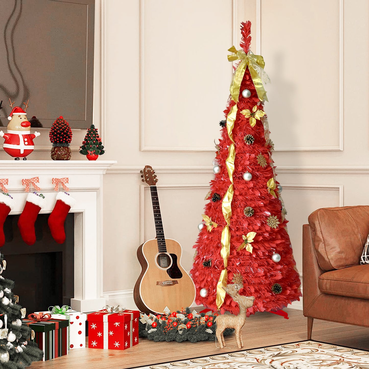 Bringstar 6ft Pop Up Christmas Tree Pre Decorated, Red Artificial Trees