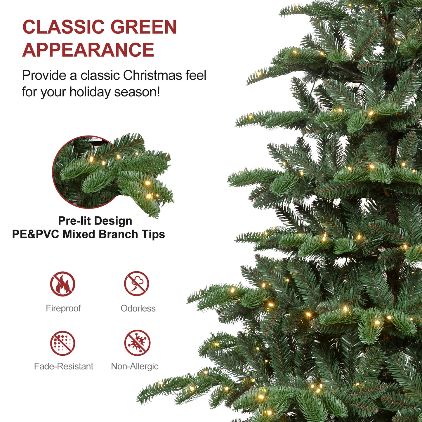 Bringstar 5ft/6ft/7ft/8ft Pre-Lit Christmas Tree, Wooden Base Tree with 611 PE & PVC Branch Tips, 300 Lights