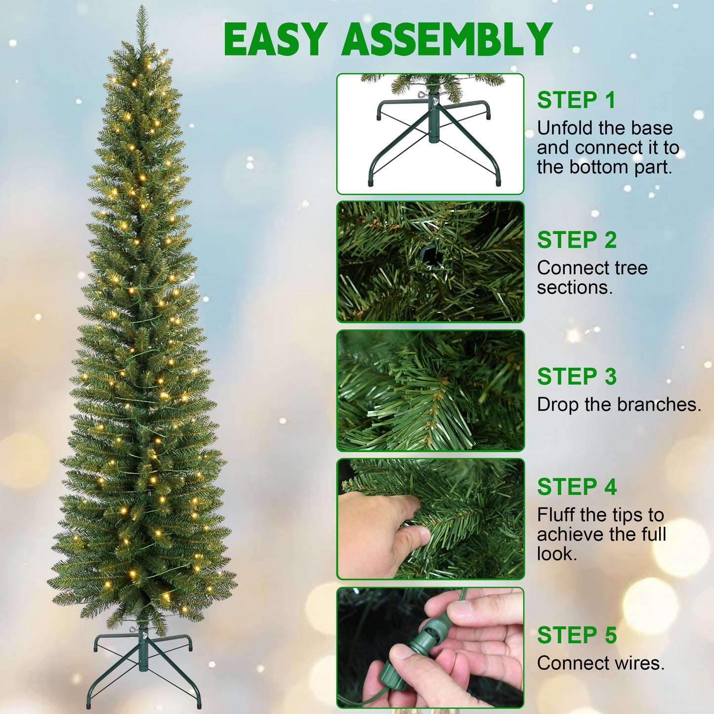 Bringstar  Pre-Lit Pencil Christmas Tree,  Green Artificial Xmas Trees, LED Warm White Lights