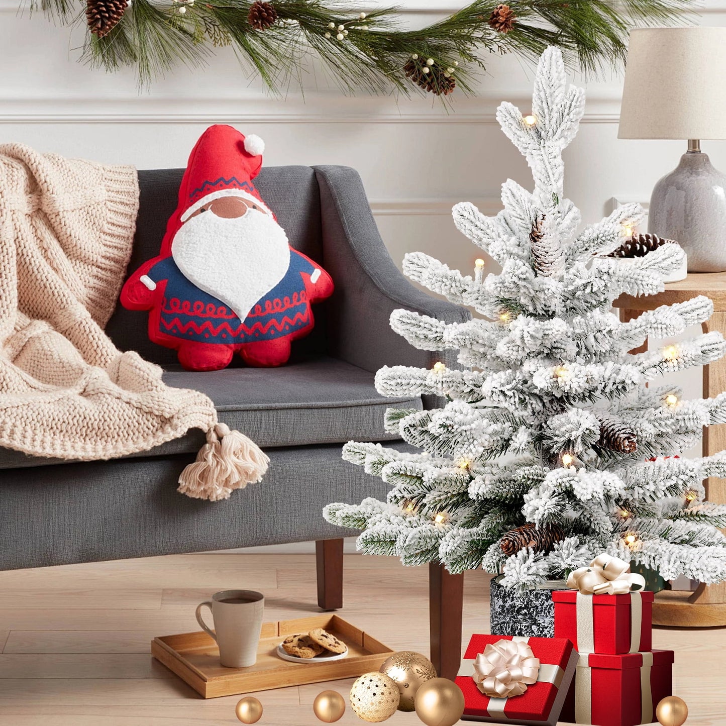 Bringstar 2/3/4.5FT Pre-lit Potted Flocked Christmas Tree, Snow Frosted Mini Tabletop Artificial Christmas Tree, Small Fake Christmas Tree with 30 Warm White LED Lights for Holiday Decoration