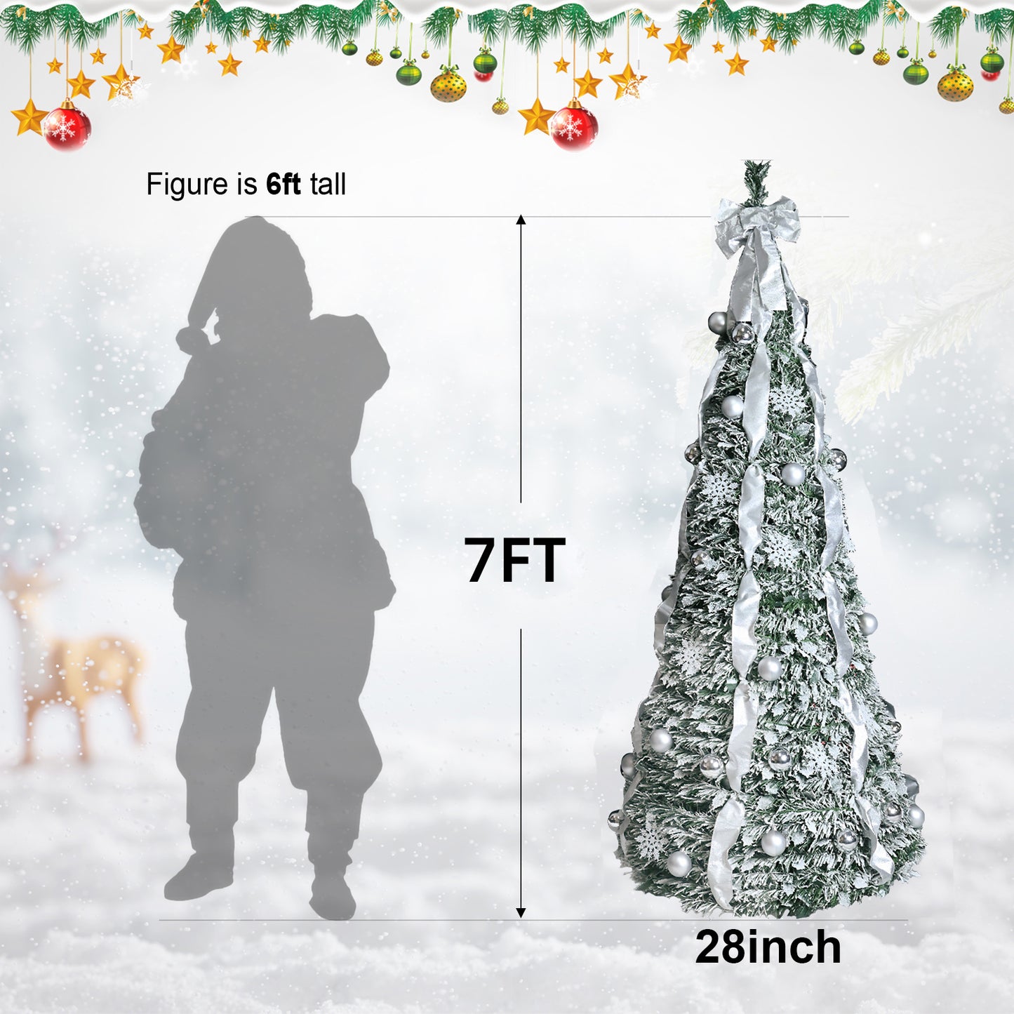 Bringstar Pop-up Christmas Tree Pre Decorated, silver flocking christmas tree 6/7FT