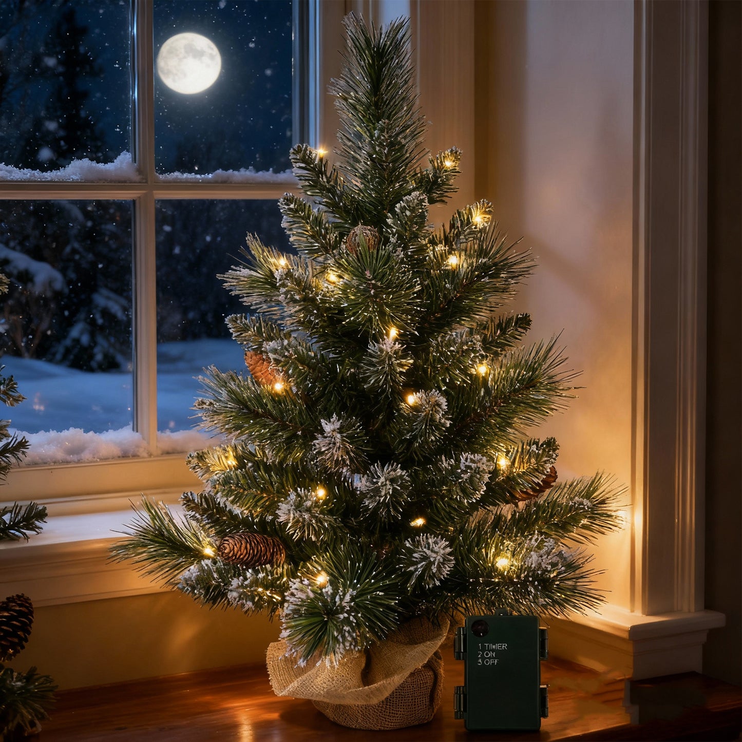 Bringstar 2FT Pre-Lit Artificial Mini Christmas Tree, Snow Tipped Tabletop Xmas Tree with 35 LED Lights, Pine Cones & Burlap Base