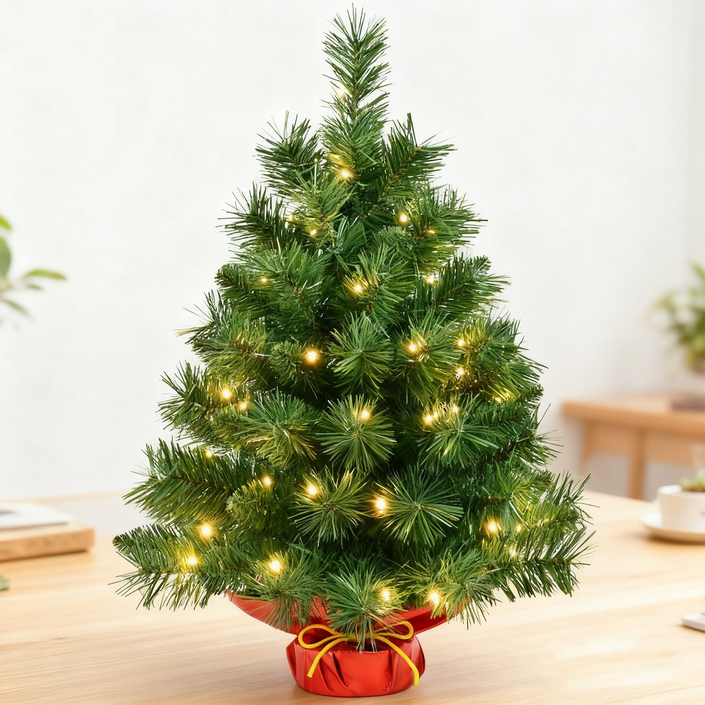 Bringstar 2ft Pre-Lit Artificial Mini Christmas Tree with 50 LED Lights, Tabletop Green Xmas Tree with Red Base for Holiday Home, Office, or Party Décor