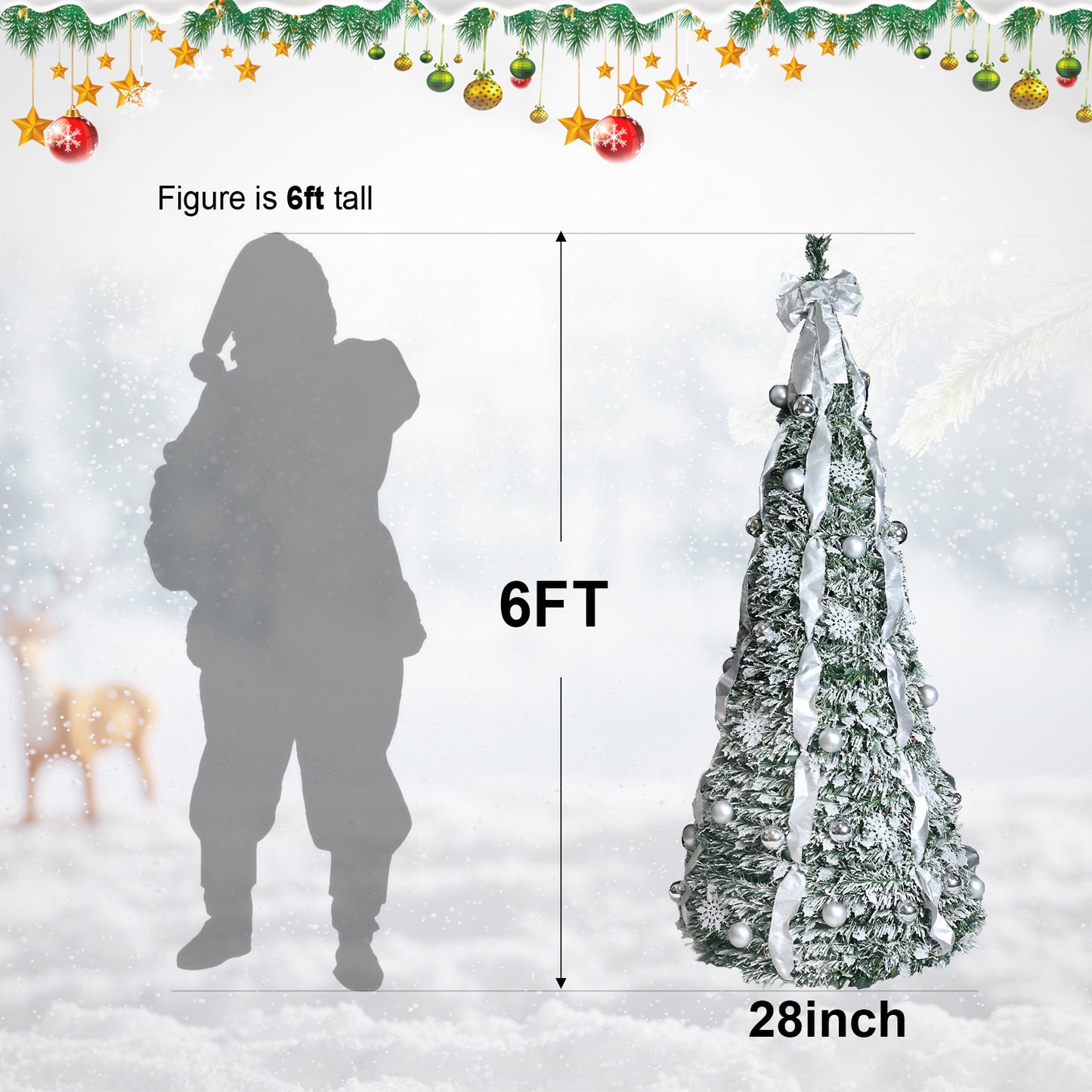 Bringstar Pop-up Christmas Tree Pre Decorated, silver flocking christmas tree 6/7FT