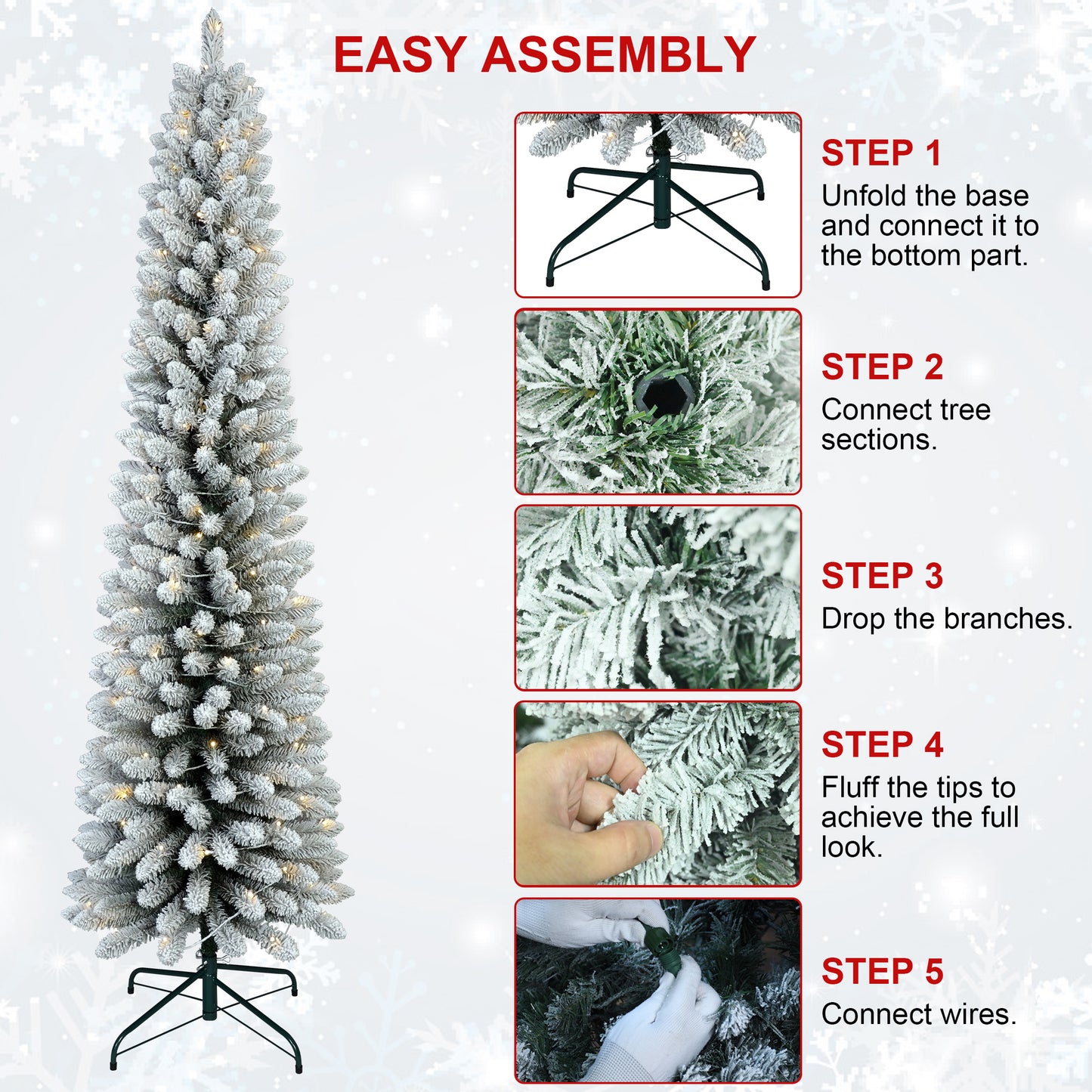 Bringstar Pre-Lit Flocked Slim Christmas Tree, Artificial Pencil Trees,LED Warm White Lights