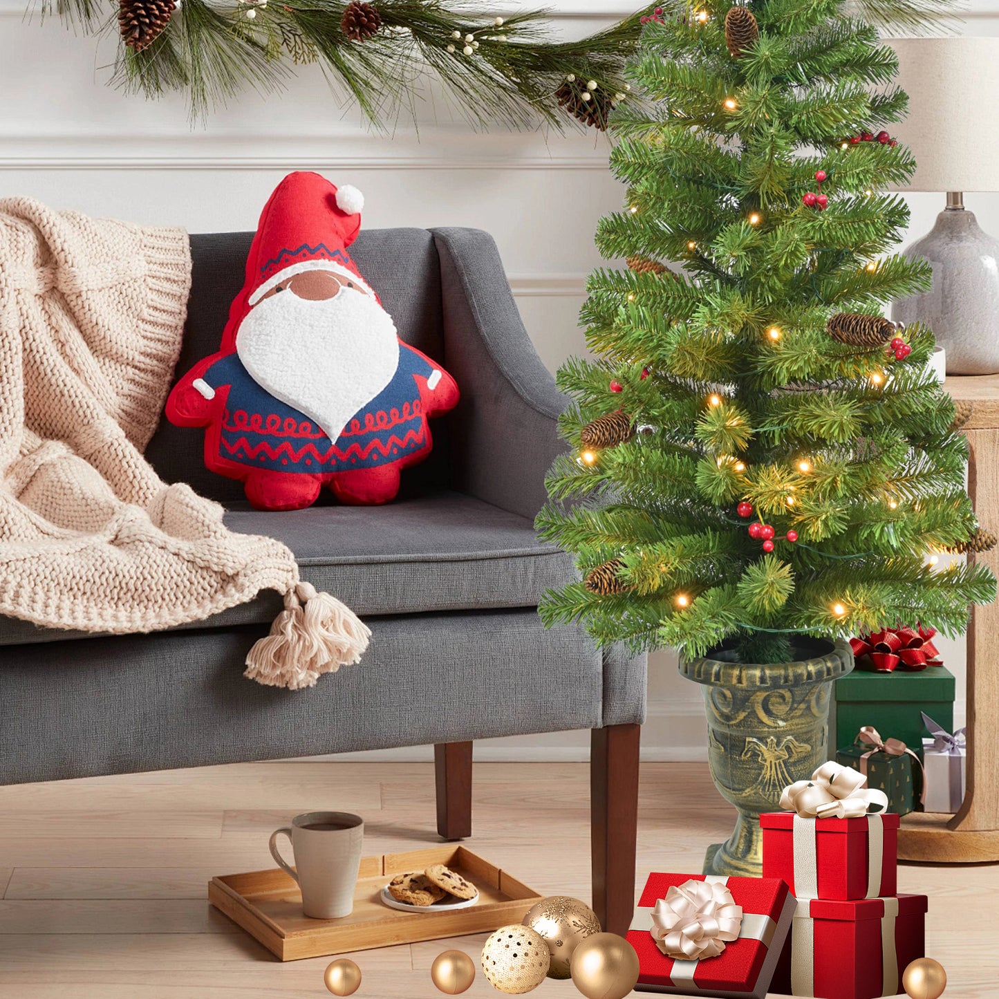 4FT Pre-lit Artificial Potted Christmas Tree with 50 LED Lights, Mini Xmas Tree with 140 Tips, Pine Cones & Red Berries, Battery Operated for Indoor