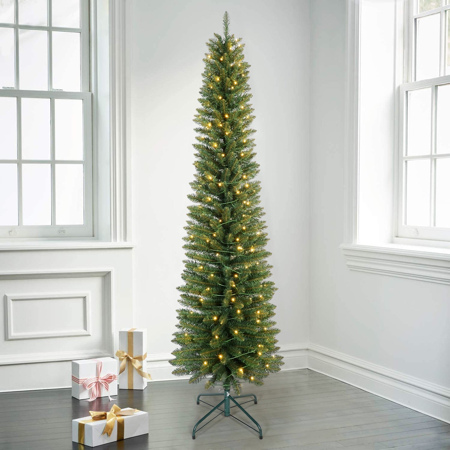 Bringstar  Pre-Lit Pencil Christmas Tree,  Green Artificial Xmas Trees, LED Warm White Lights