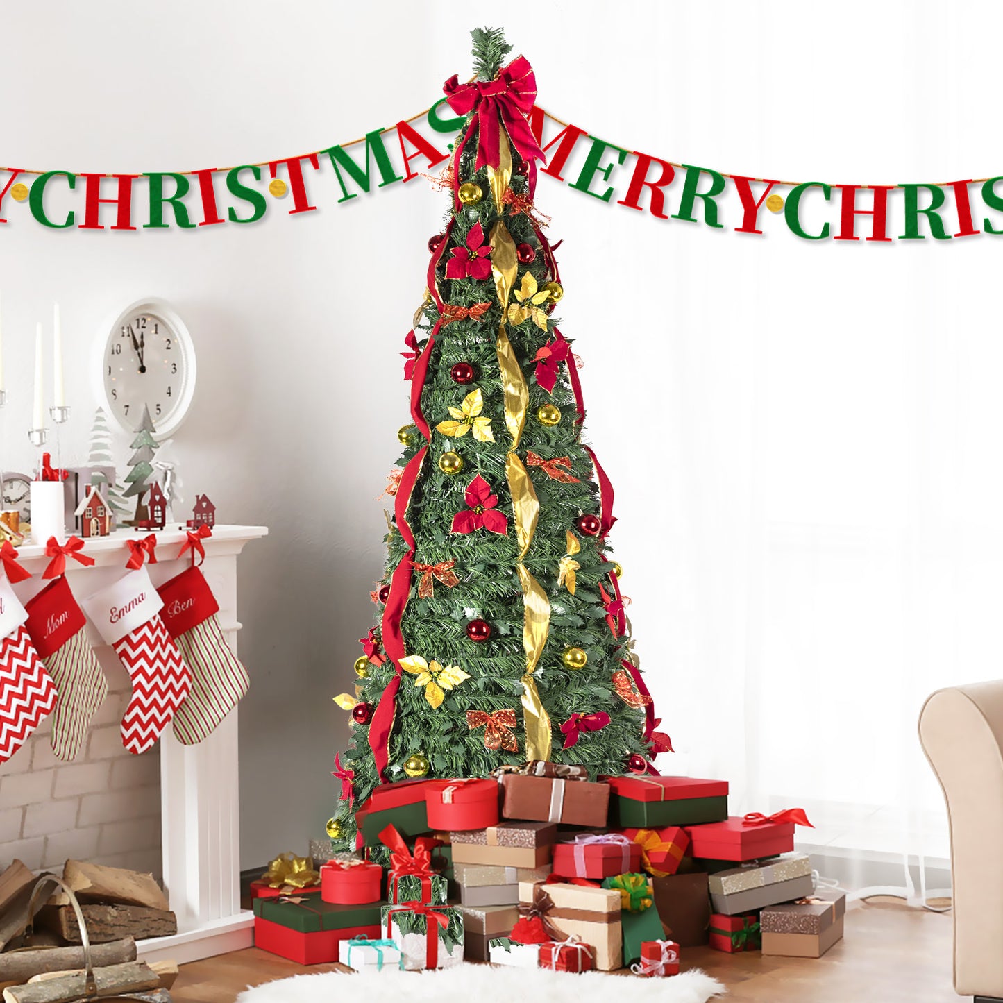 Bringstar Pop-up Christmas Tree Pre Decorated, Pull Up Xmas Tree 6/7.5FT