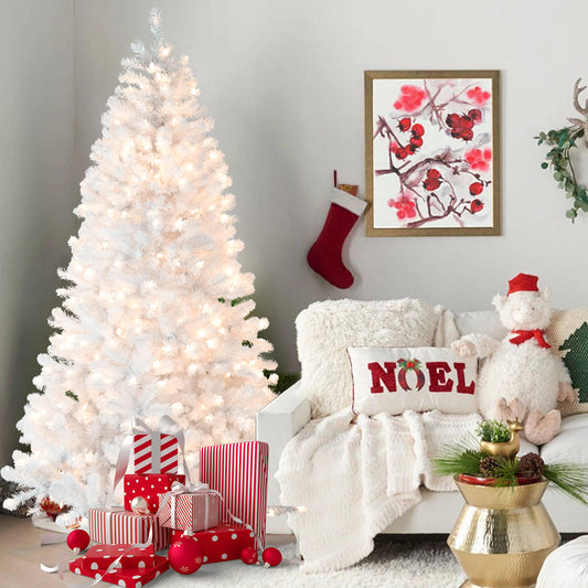 Bringstar 4.5ft/6ft/7.5ft/9ft  Pre-Lit White Christmas Tree, Hinged Artificial Xmas Tree/Premium PVC Branch Tips