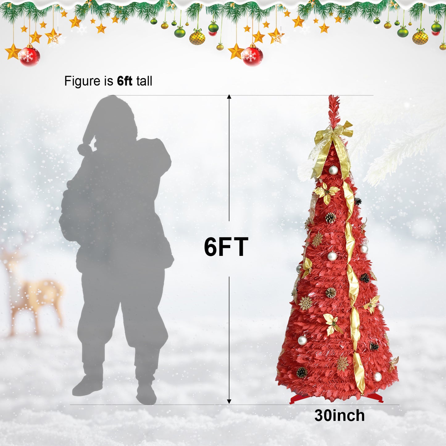 Bringstar 6ft Pop Up Christmas Tree Pre Decorated, Red Artificial Trees