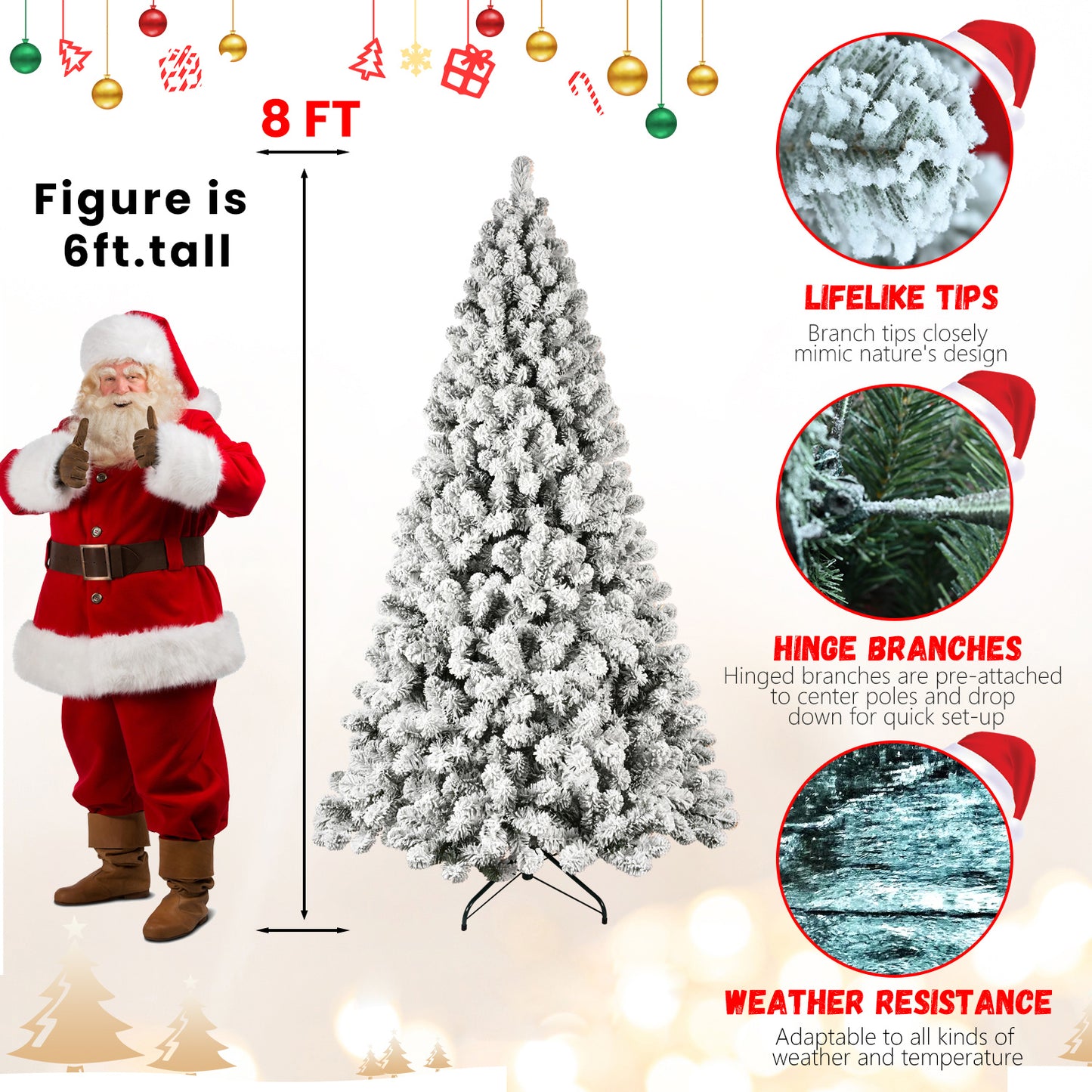 Bringstar 5ft/6ft/7ft/8ft/9ft  Pre-Lit Flocked Christmas Tree, Hinged Artificial Xmas Trees/Premium PVC Branches, 200 Lights