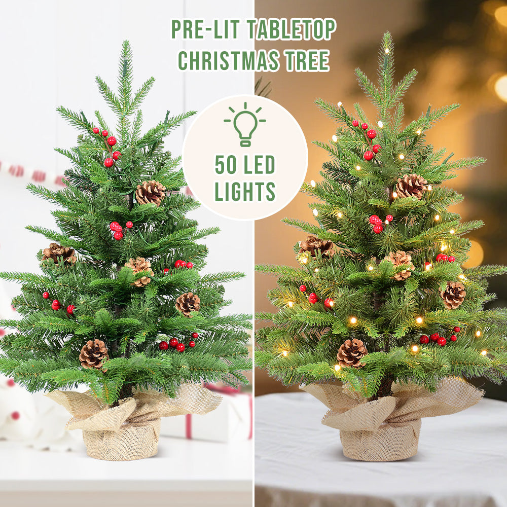 Bringstar 2FT Pre-Lit Mini Fir Artificial Christmas Tree Tabletop, Small Green Xmas Tree with 50 LED Lights, PE & PVC Pine with Red Berries & Pine Cones, Burlap Base Indoor Decor
