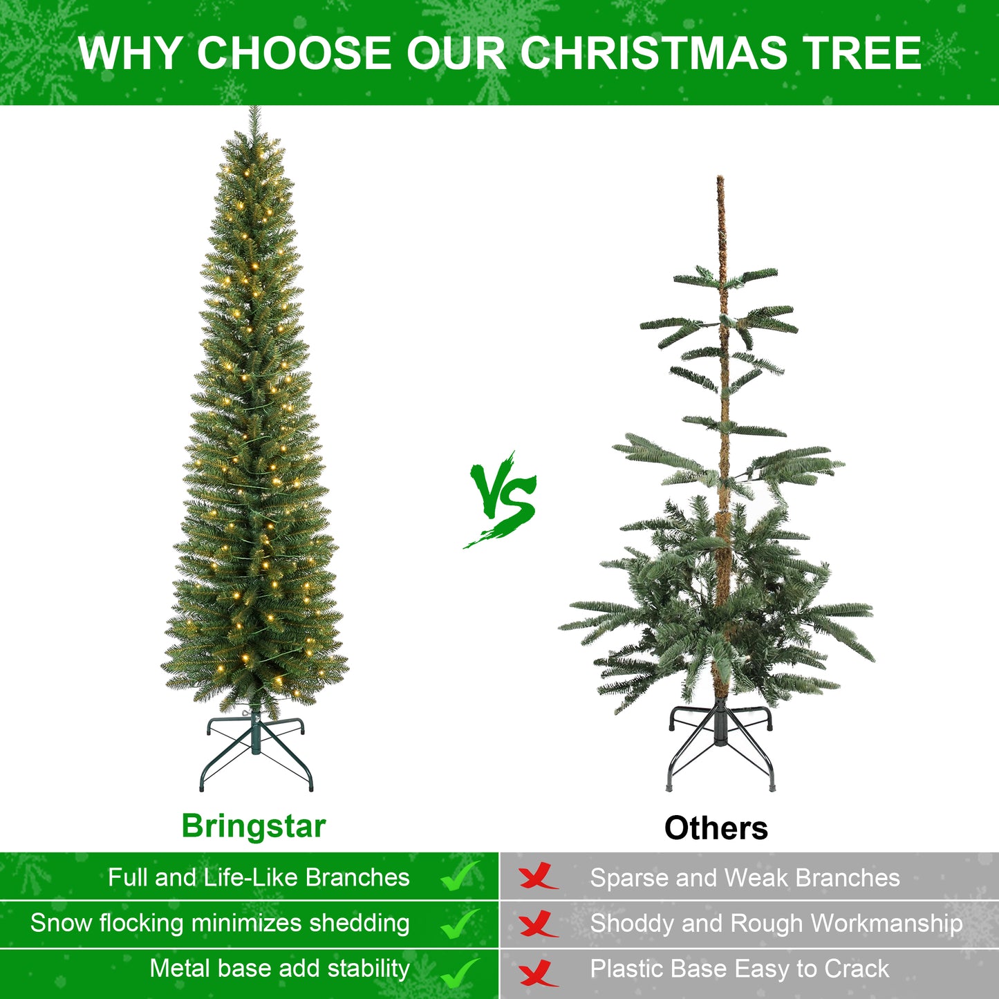 Bringstar  Pre-Lit Pencil Christmas Tree,  Green Artificial Xmas Trees, LED Warm White Lights