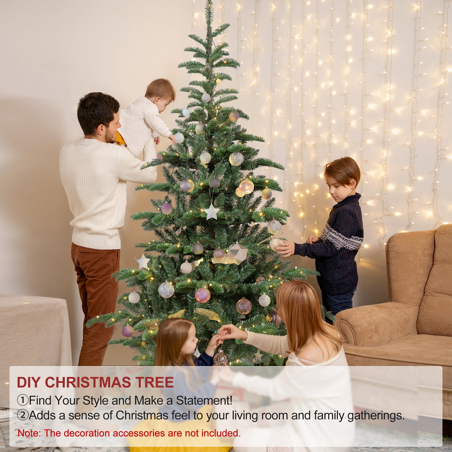 Bringstar 5ft/6ft/7ft/8ft Pre-Lit Christmas Tree, Wooden Base Tree with 611 PE & PVC Branch Tips, 300 Lights