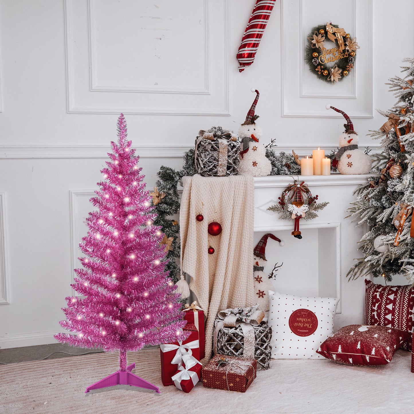 Bringstar 4FT Pink Small Mini Christmas Tree with Lights, Artificial Xmas Tree for Indoor & Outdoor
