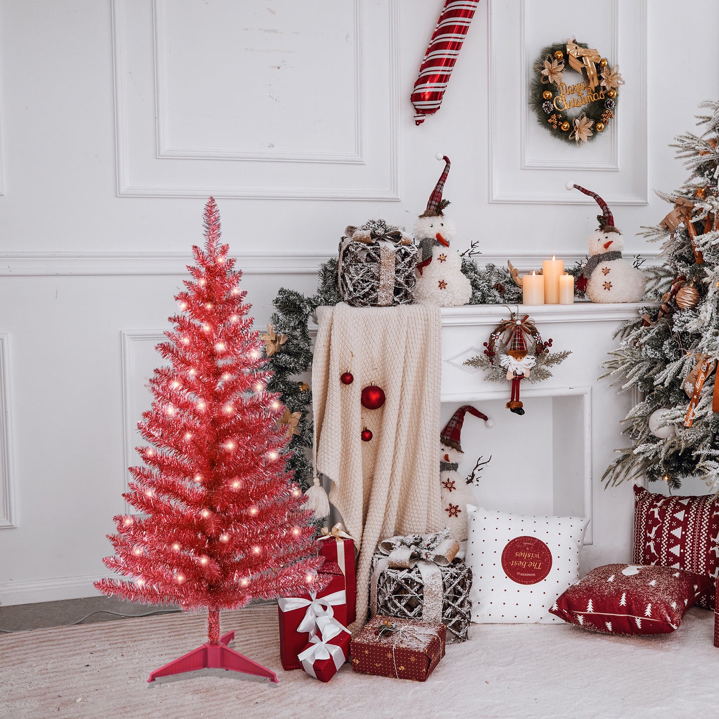 Bringstar 4FT Artificial Mini Red Christmas Tree with Lights, Lighted Christmas Tree with 50 Warm White Lights, Small Xmas Tree for Christmas Halloween House Decor, Red Tinsel