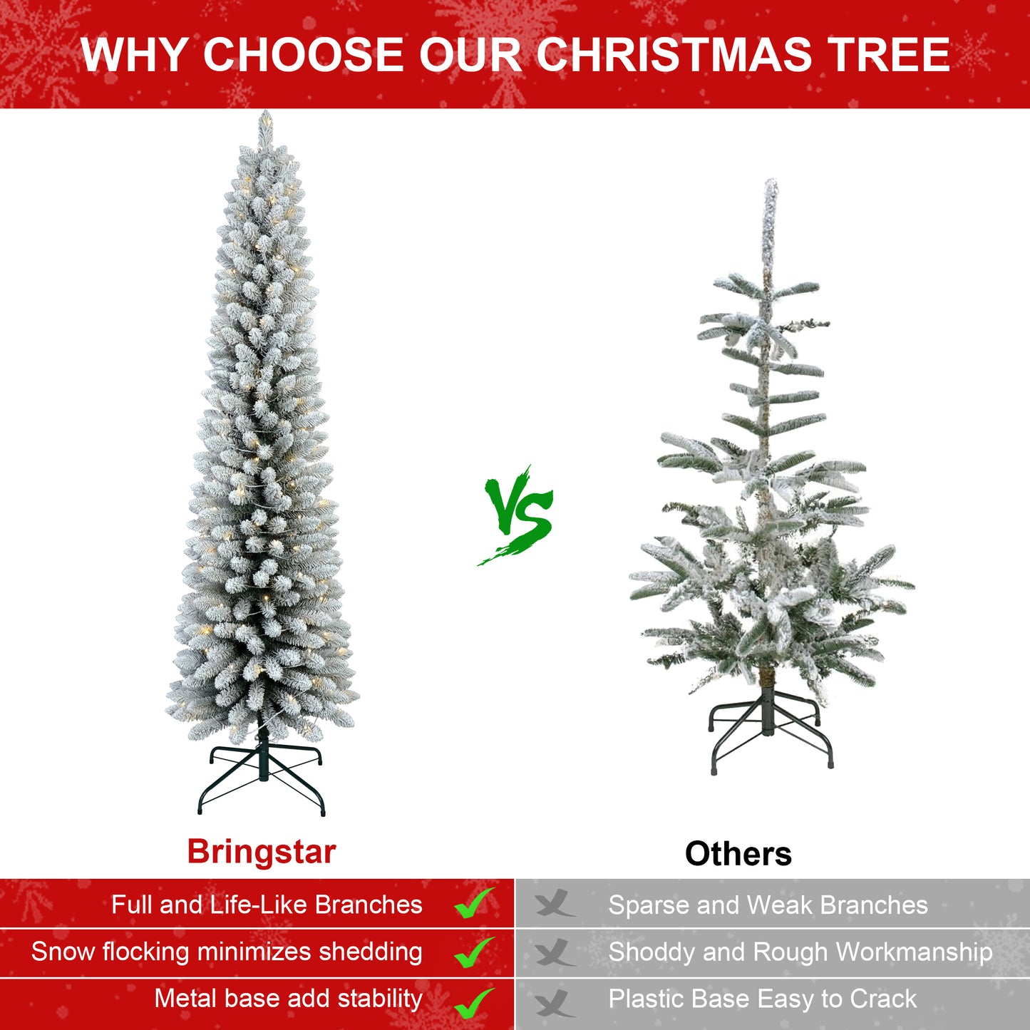 Bringstar Pre-Lit Flocked Slim Christmas Tree, Artificial Pencil Trees,LED Warm White Lights
