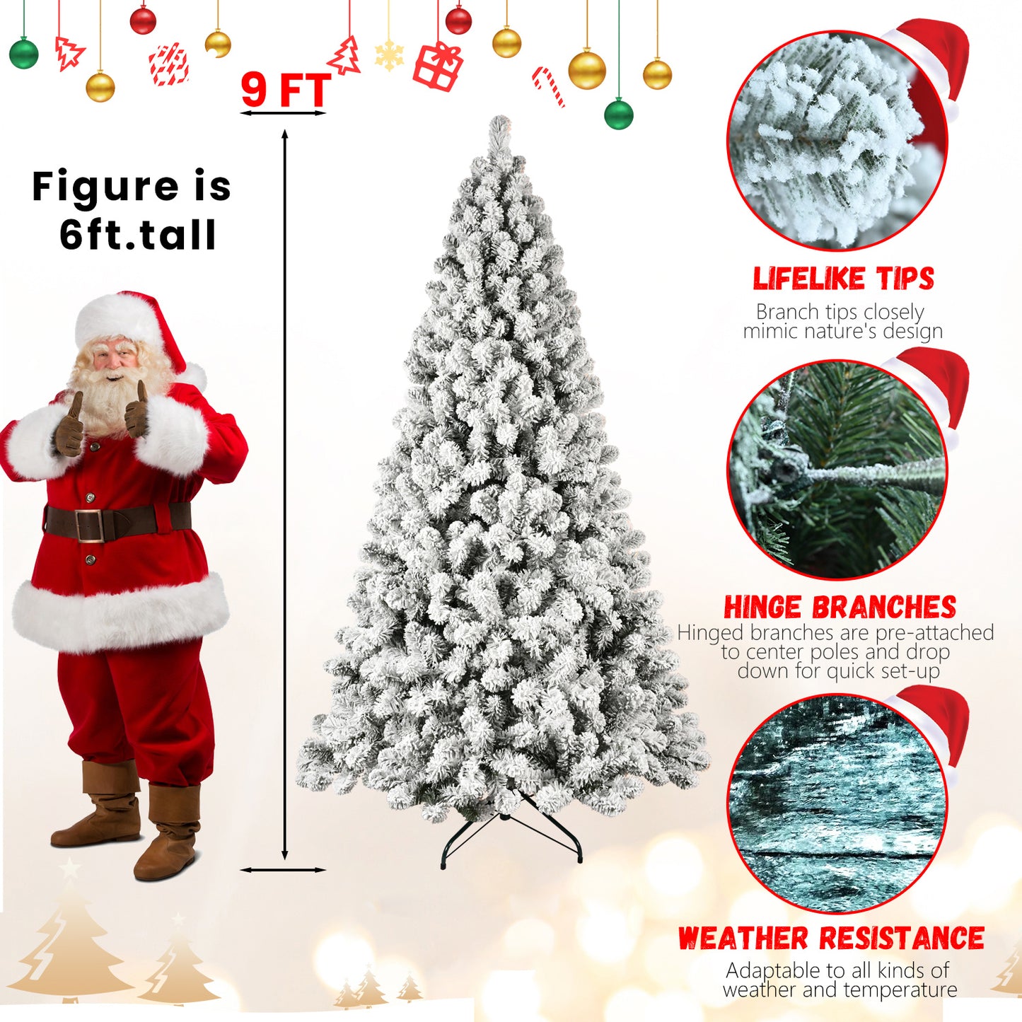 Bringstar 5ft/6ft/7ft/8ft/9ft  Pre-Lit Flocked Christmas Tree, Hinged Artificial Xmas Trees/Premium PVC Branches, 200 Lights