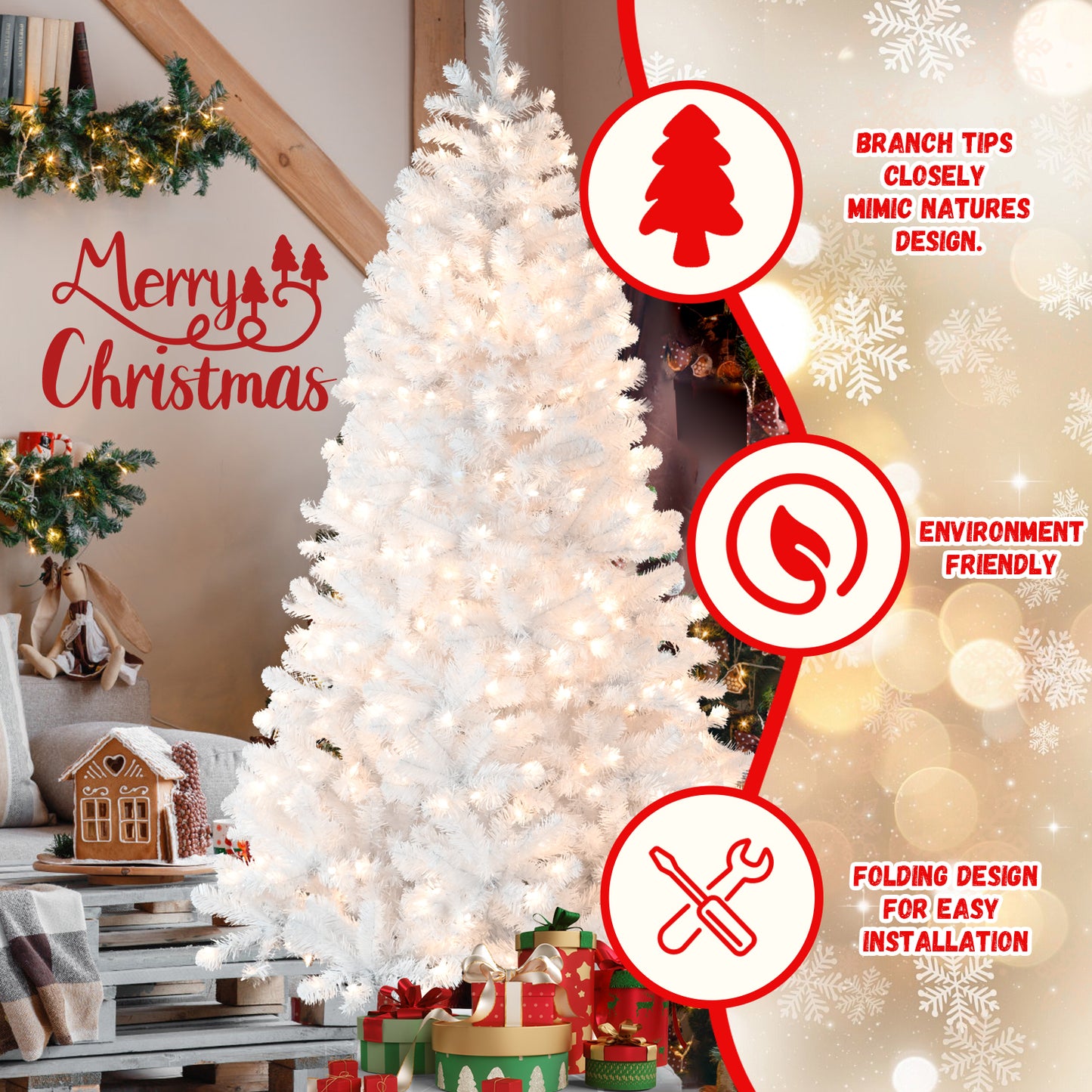 Bringstar 4.5ft/6ft/7.5ft/9ft  Pre-Lit White Christmas Tree, Hinged Artificial Xmas Tree/Premium PVC Branch Tips