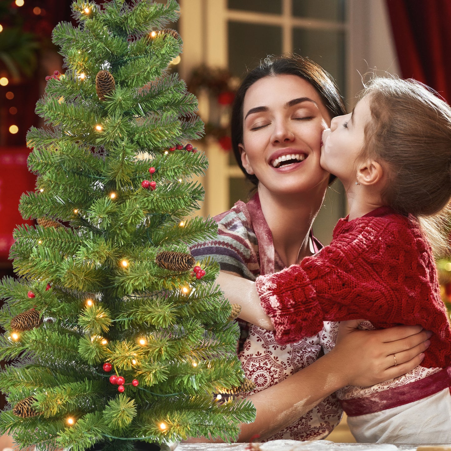 4FT Pre-lit Artificial Potted Christmas Tree with 50 LED Lights, Mini Xmas Tree with 140 Tips, Pine Cones & Red Berries, Battery Operated for Indoor