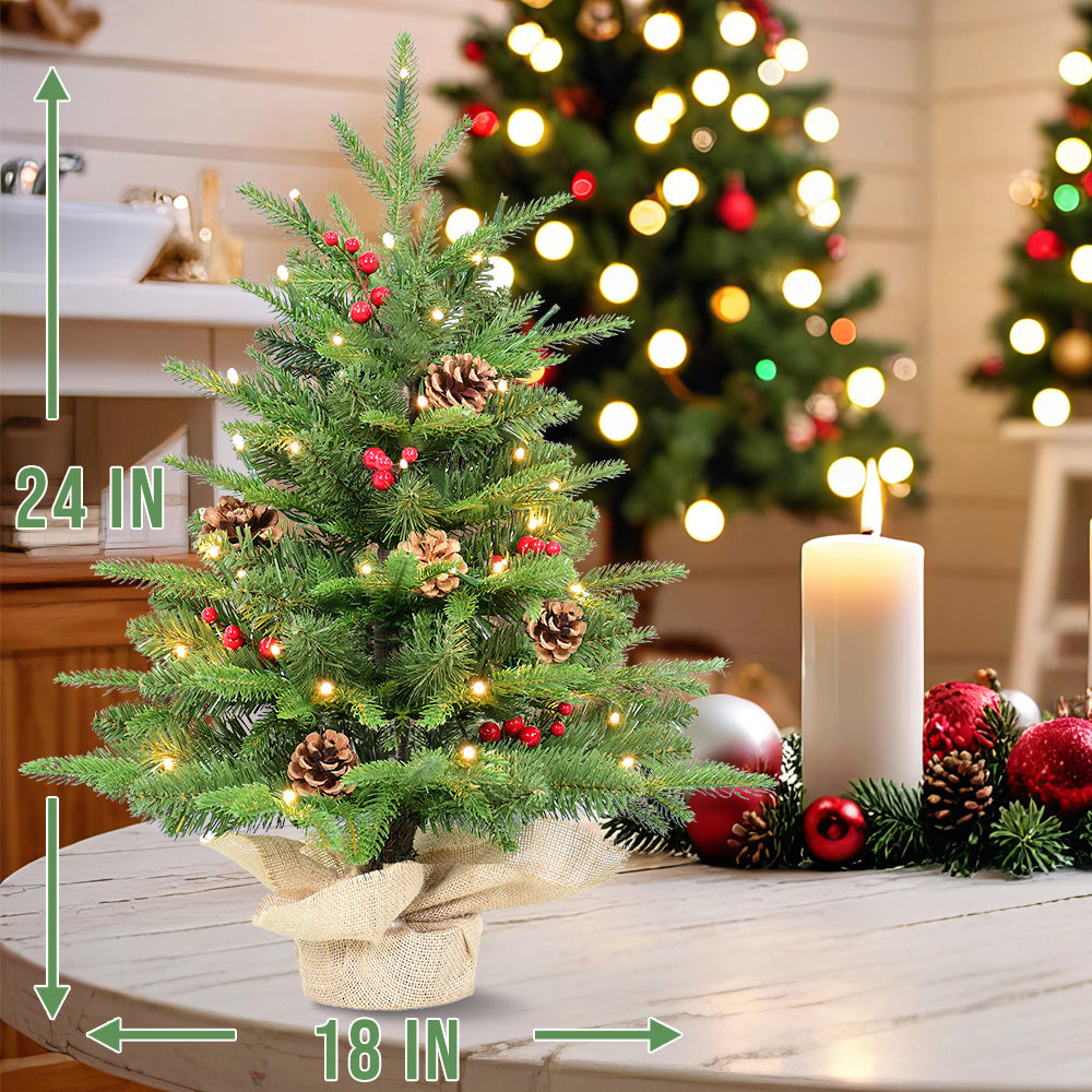Bringstar 2FT Pre-Lit Mini Fir Artificial Christmas Tree Tabletop, Small Green Xmas Tree with 50 LED Lights, PE & PVC Pine with Red Berries & Pine Cones, Burlap Base Indoor Decor