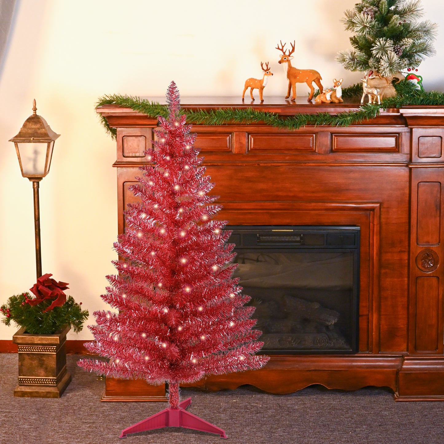 Bringstar 4FT Artificial Mini Red Christmas Tree with Lights, Lighted Christmas Tree with 50 Warm White Lights, Small Xmas Tree for Christmas Halloween House Decor, Red Tinsel