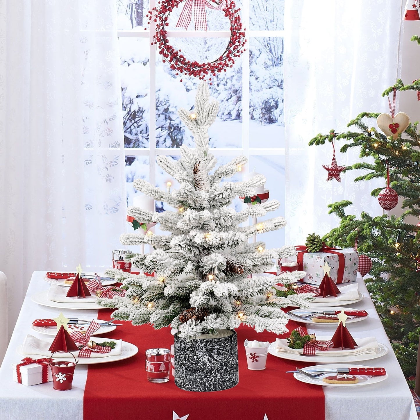 Bringstar 2/3/4.5FT Pre-lit Potted Flocked Christmas Tree, Snow Frosted Mini Tabletop Artificial Christmas Tree, Small Fake Christmas Tree with 30 Warm White LED Lights for Holiday Decoration