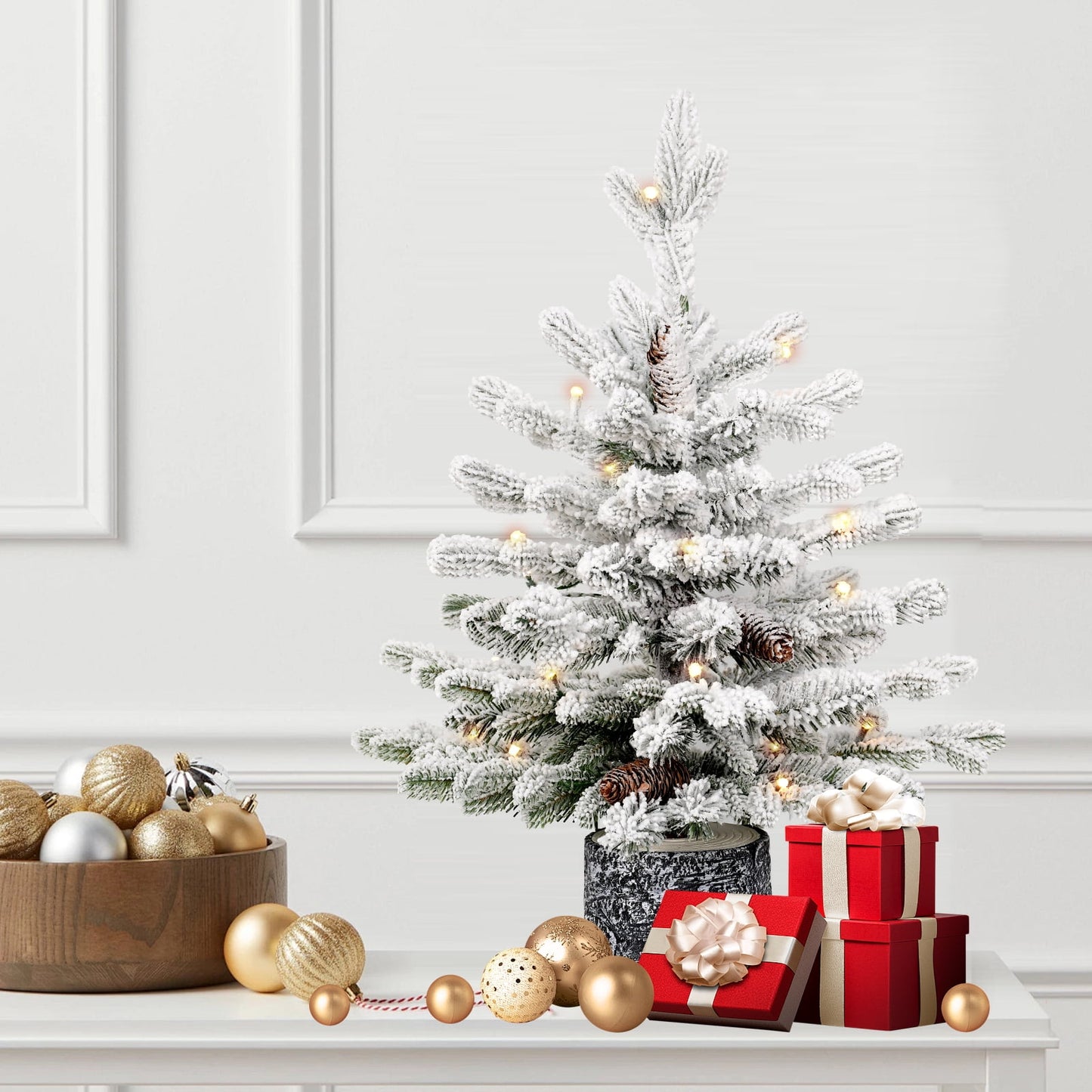 Bringstar 2/3/4.5FT Pre-lit Potted Flocked Christmas Tree, Snow Frosted Mini Tabletop Artificial Christmas Tree, Small Fake Christmas Tree with 30 Warm White LED Lights for Holiday Decoration
