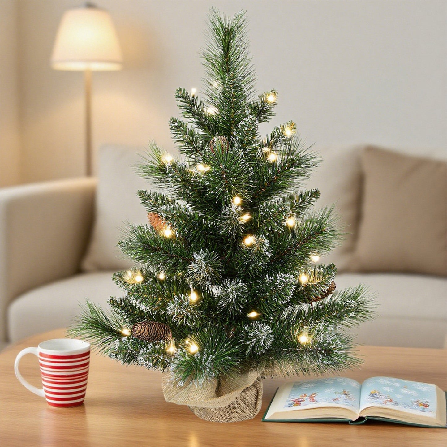 Bringstar 2FT Pre-Lit Artificial Mini Christmas Tree, Snow Tipped Tabletop Xmas Tree with 35 LED Lights, Pine Cones & Burlap Base