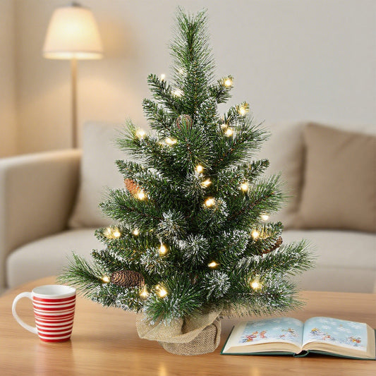 Bringstar 2FT Pre-Lit Artificial Mini Christmas Tree, Snow Tipped Tabletop Xmas Tree with 35 LED Lights, Pine Cones & Burlap Base