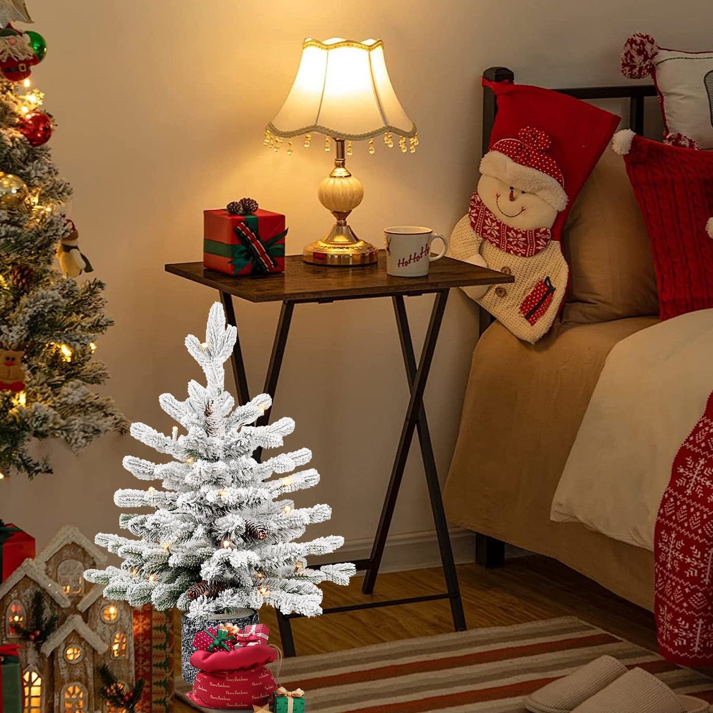 Bringstar 2/3/4.5FT Pre-lit Potted Flocked Christmas Tree, Snow Frosted Mini Tabletop Artificial Christmas Tree, Small Fake Christmas Tree with 30 Warm White LED Lights for Holiday Decoration