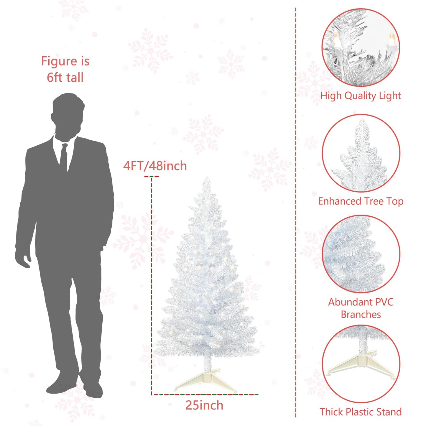 Bringstar 4FT Lighted Artificial White Christmas Tree,  Small Fake Christmas Tree for Home & Office