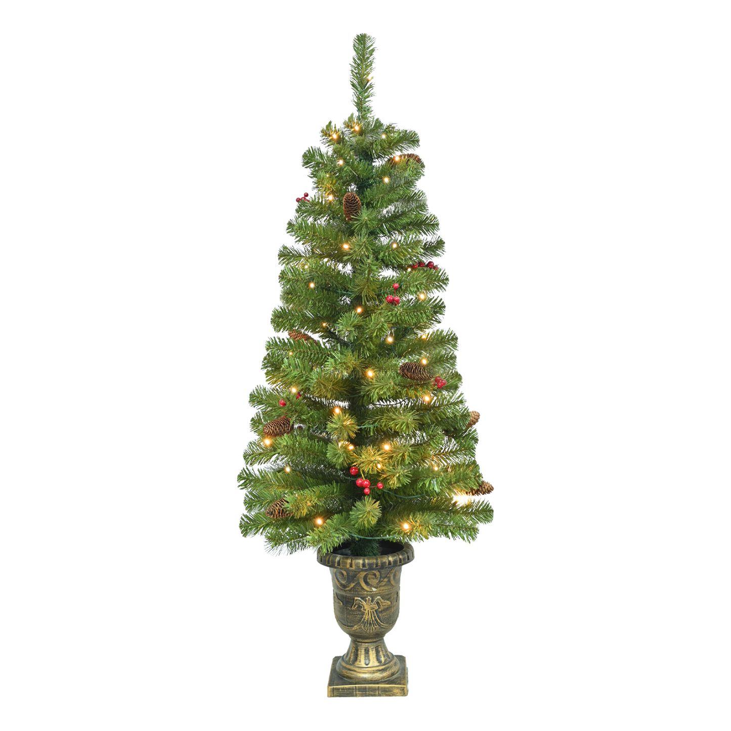 4FT Pre-lit Artificial Potted Christmas Tree with 50 LED Lights, Mini Xmas Tree with 140 Tips, Pine Cones & Red Berries, Battery Operated for Indoor