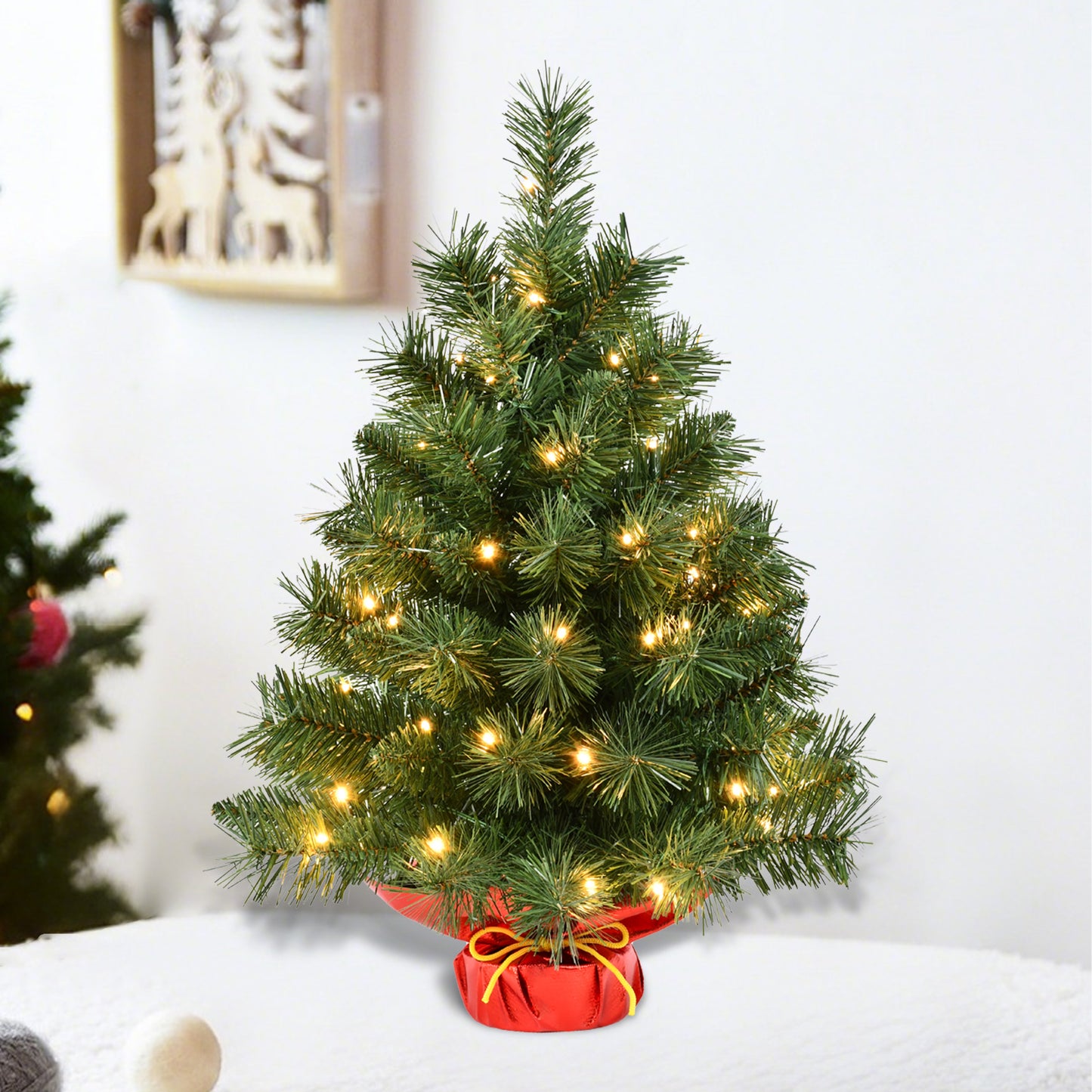 Bringstar 2ft Pre-Lit Artificial Mini Christmas Tree with 50 LED Lights, Tabletop Green Xmas Tree with Red Base for Holiday Home, Office, or Party Décor